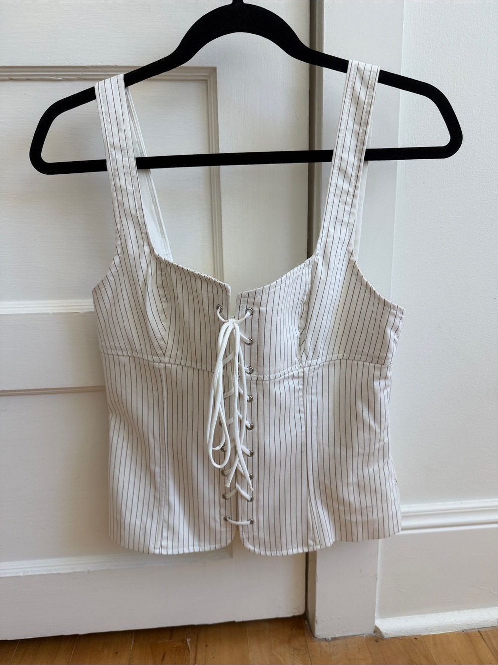 Zara White Pinstripe Lace-Up Corset Tank